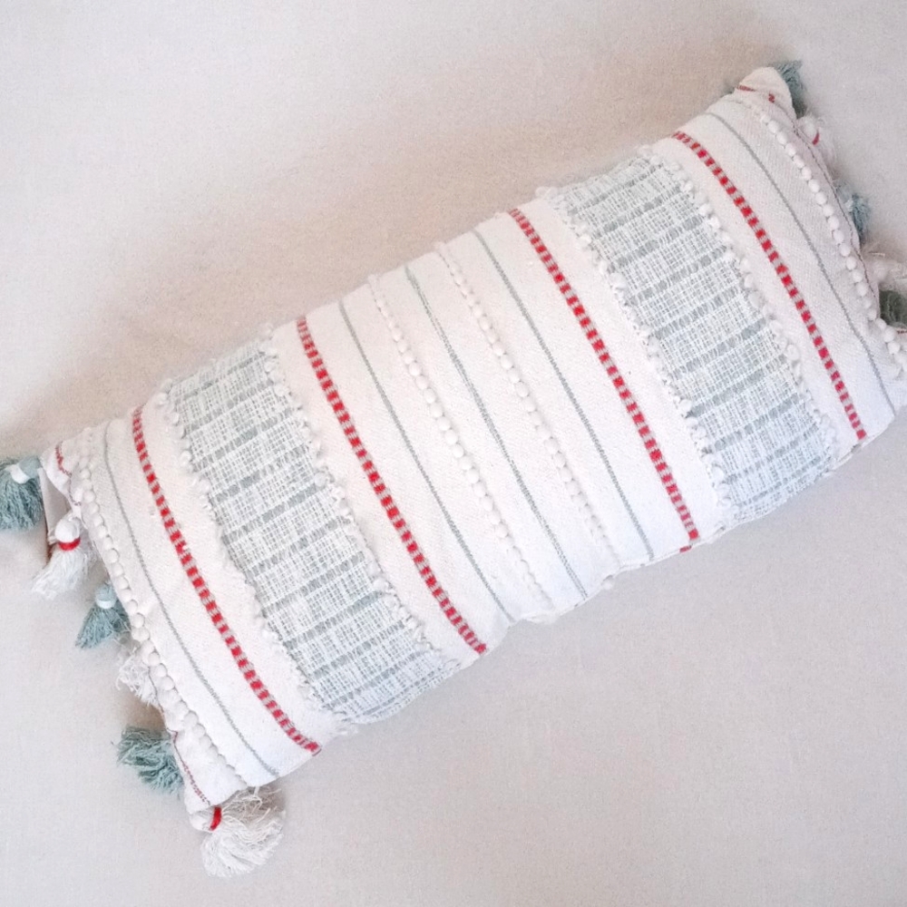 Beautiful Tassled Bohemian Style Long Bolster Pillow with Insert Pillow Included